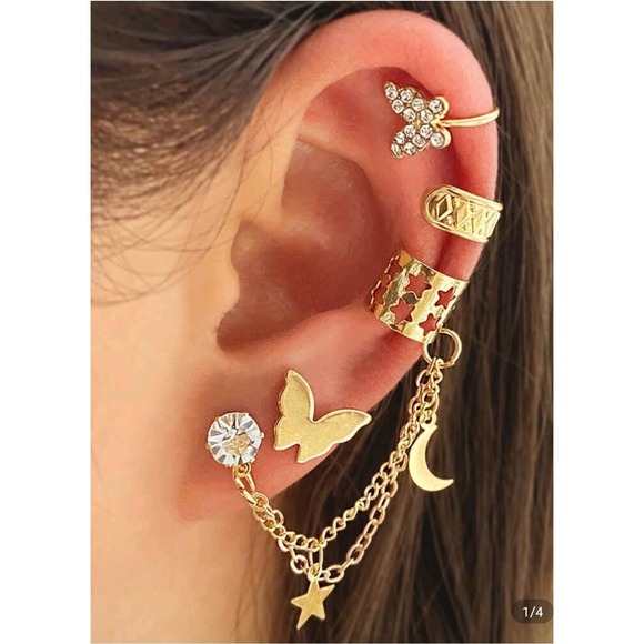 Ear Cuff Set‎ Gold Butterfly Star Moon Dangle Chain Clip On Earrings - Picture 1 of 3